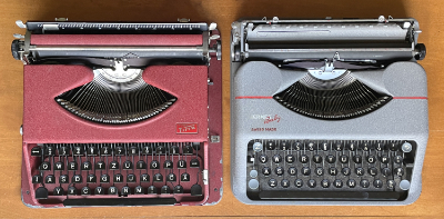 1950 Gossen Tippa and 1952 Hermes Baby typewriters viewed from above